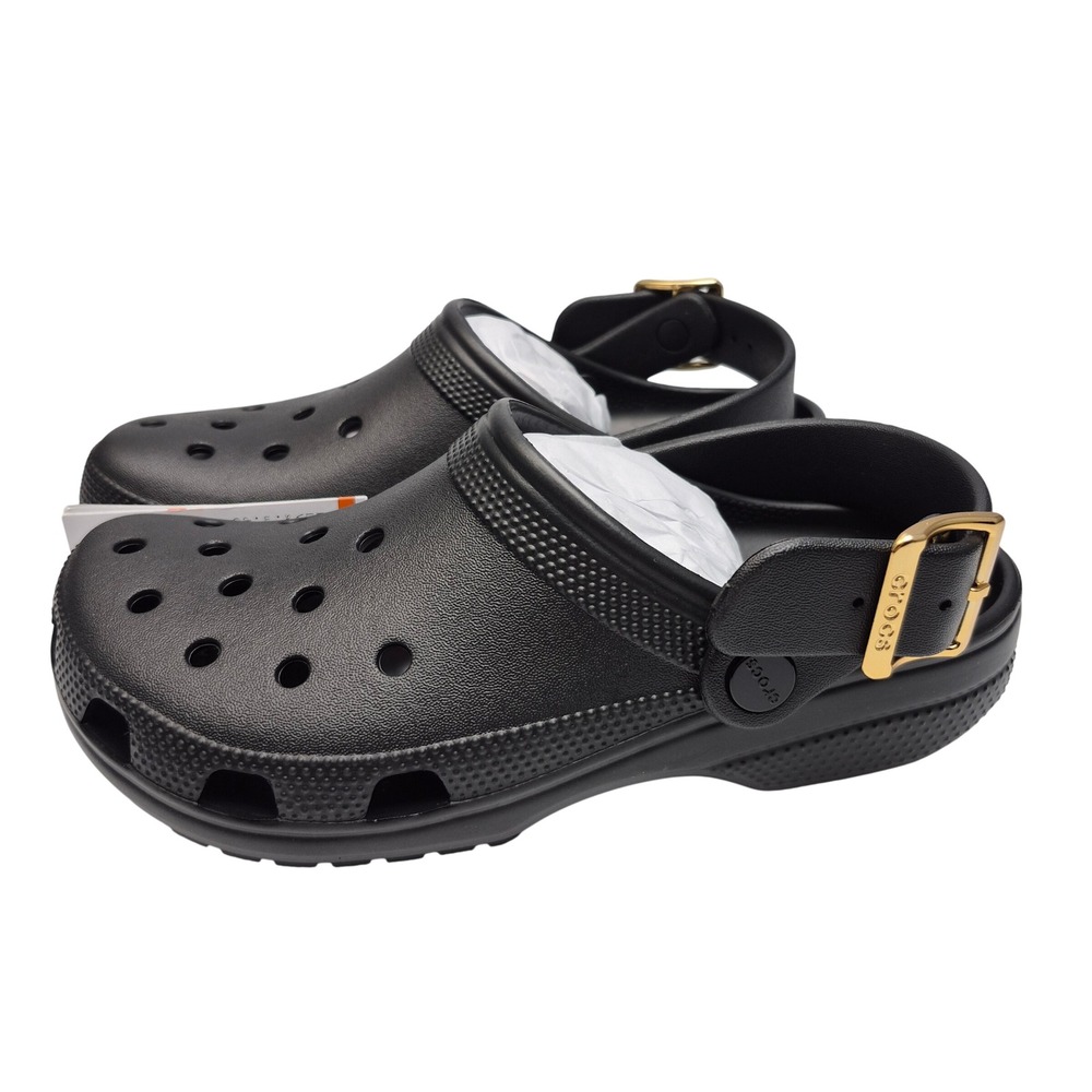Crocs Classic Metallic Black Adjustable Buckle Clogs Women's Size 8 Shoes Unisex